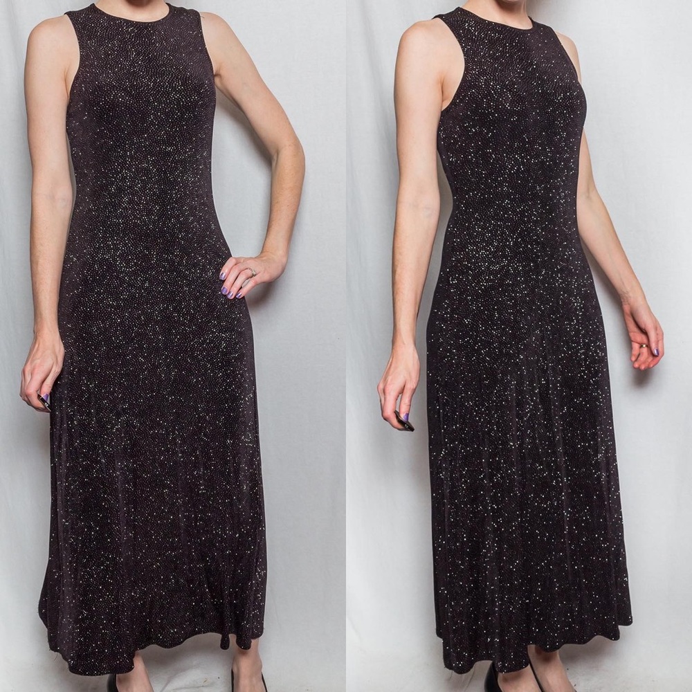 90s Vintage Stretchy Black Sparkle Dress size Medium. Ankle Length Size Medium